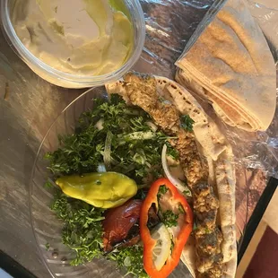 Chicken kebab and hummus