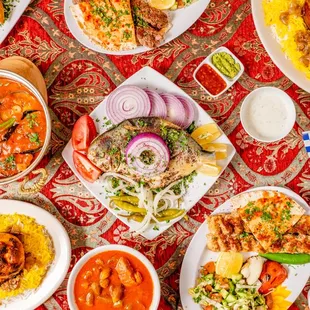 a variety of dishes on a table