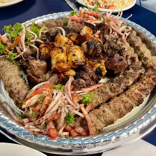Mixed grill platter (by special request).  Lamb, beef, and chicken kebabs. Amazing flavors!