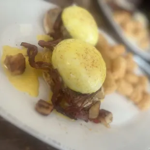 The Cherry Creeker- corn beef hash English muffin Benedict