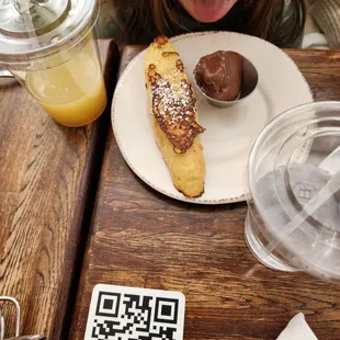 Kids single French toast with Nutella and pineapple juice