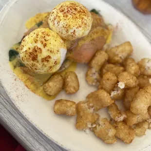 Salmon Benny with Tots