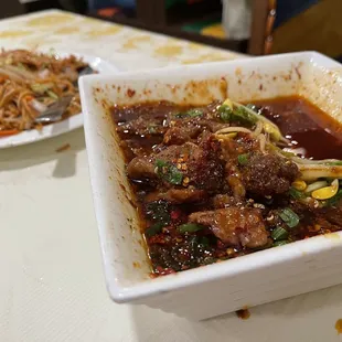 Chili beef and low mein.