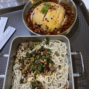 Dan Dan noodles and Cold Chili Oil Chicken. Both incredible