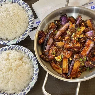 Eggplant with garlic sauce (with a few sides of white rice)