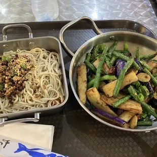 House Special Dan Dan Noodles (left) and Sautéed String Beans w/ Eggplant