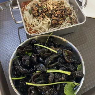 Mushroom Ear Salad (bottom) with House Special Dan Dan Noodles