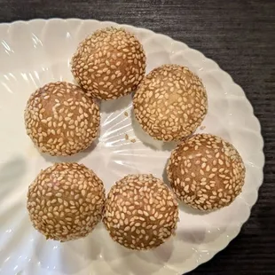 Sesame balls, fried, light, just a little sweet, very tasty.
