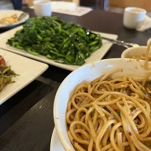 Snow Pea Leaves with Garlic Sauce, Szechuan Dan Dan Noodle