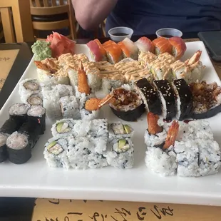 Shrimp tempura(x2), BB roll (x2), shrimp roll, rainbow roll, spicy tuna, and Boston roll