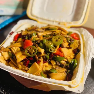 a take out container of food