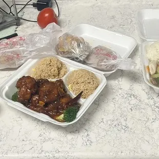 Pk2 Mu shi pork, L10. Orange Chicken Light Dinner, HA1. Fried Wonton, L3. Chicken Mushroom Light Dinner.