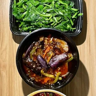 top to bottom: Steamed Chicken w/ Chili Sauce, Stir-fried Pea Sprout, Fish Fillet w/ Szechuan Sauerkraut, Stew Eggplant Clay Pot