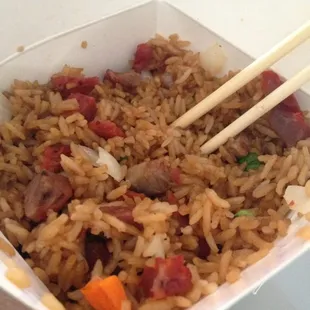 Pork fried rice with real veggies and no odd gray colored pork