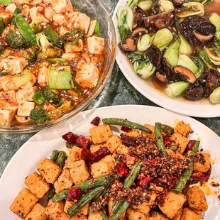 MaPo Tofu, Spicy Fried Tofu with green beans, Fresh Black Mushroom with Vegetable at my favorite Sze Chaun restaurant of all time