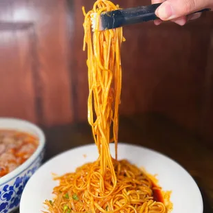 a plate of noodles being lifted by a fork