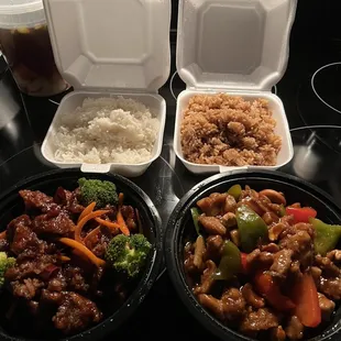 Cashew chicken and tangerine peel beef to go with steamed and fried rice. Ok, but way too expensive to the quantity and quality.