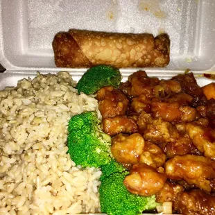 Orange Chicken Lunch Special w/ Brown Rice and an Egg Roll. Only $5.50!