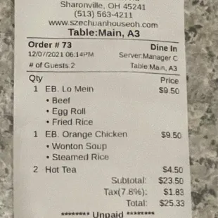 the receipt for the restaurant