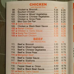 a menu for chicken