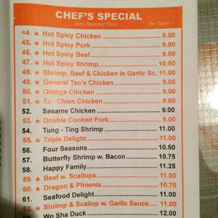 the menu for the special