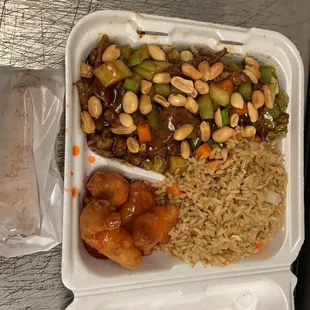 a meal in a styrofoam container