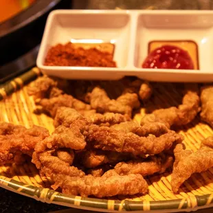 Fried Pork Belly with ketchup and chili powder, must to have!