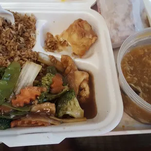 Triple delight lunch special with hot sour soup for $8.40