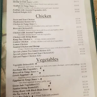 Seafood, Chicken,  and Vegetable Menu