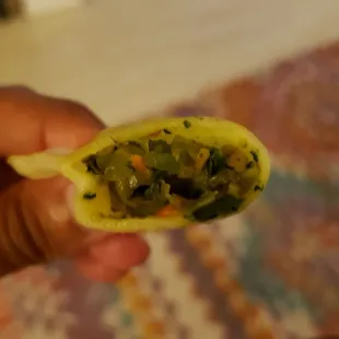 Interior of vegetable dumpling ($10 for six). Homemade and tasty.