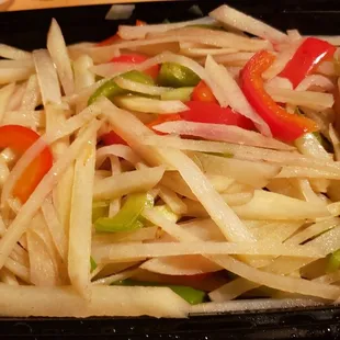 Shredded potato with green pepper ($14), vegan by default. Bland and not great.
