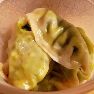 Steamed veggie dumplings ($10 for six). Handmade and tasty.