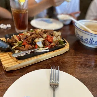 Sizzling Blackpepper Beef and Large bowl of hot and sour soup for sharing.