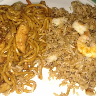 Carryout chicken lo mein and shrimp fried rice