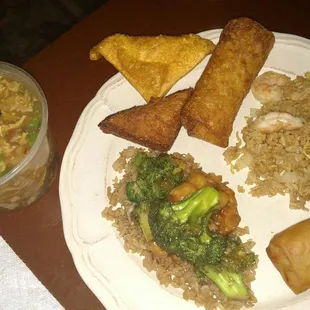 Hot and sour soup, chicken and broccoli, shrimp toast, crab wonton, egg roll, shrimp fried rice and a spring roll, carryout.