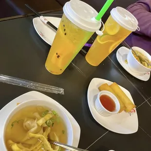 Wonton soup, spring rolls, passion fruit green tea.