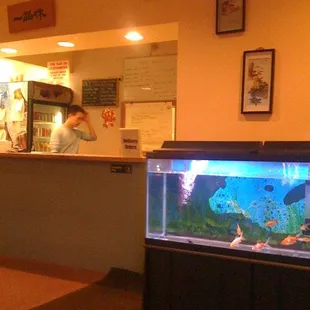 a fish tank in a restaurant