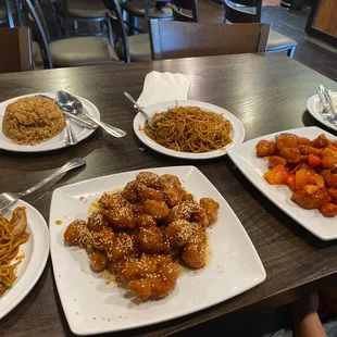 Sesame chicken &amp; Sweet and Sour chicken sides of chow mein, and fried rice