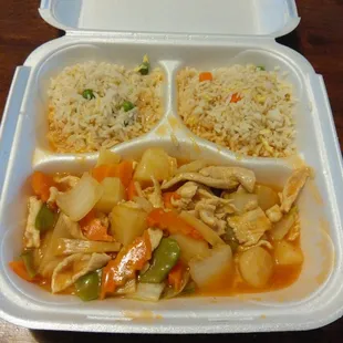 Chicken with Pineapple! Delicious tomato based sauce, not overly sweet and lots of veggies. Lunch special, $4.95.