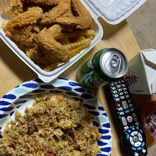 Combo Fried Rice &amp; Chicken Wings w/Fries salt &amp; pepper.  The food is good, fresh and hot.  next to Giant in Marlow Heights, Md.