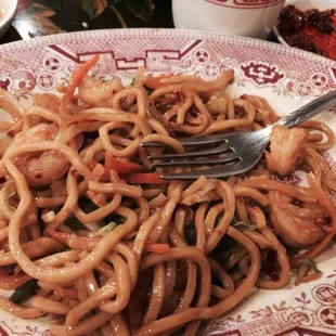 About to the end of a rather large portion of shrimp lo mien with some chili pepper oil mixed in.