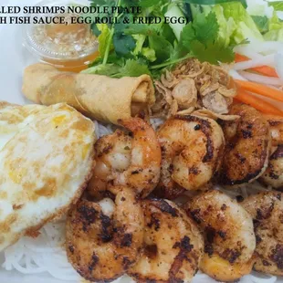 Grilled Shrimp Noodle Plate with Fish Sauce and Extra Egg Roll &amp; Fried Egg