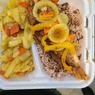 Escovitch fish with rice and peas and cabbage