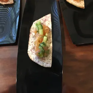 Salmon poke, on toro chips!!!!