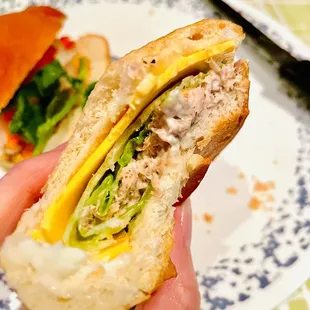 a hand holding a sandwich