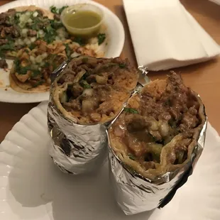 Carne asada burrito and $1 taco Tuesday