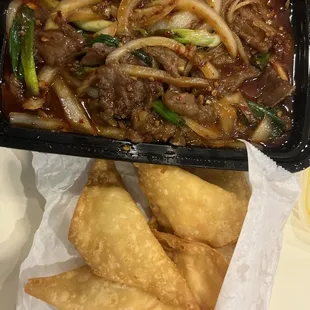 Mongolian beef and 8 Crab Puffs