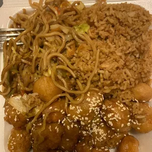 Honey chicken, lo mein, fried rice