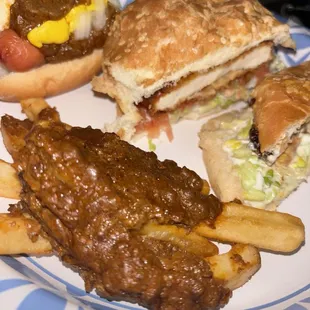 Coney dog, fried chicken sandwich, cheeseburger chili fry