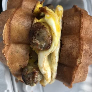 Sausage &amp; Egg Waffle Sandwich!!!
